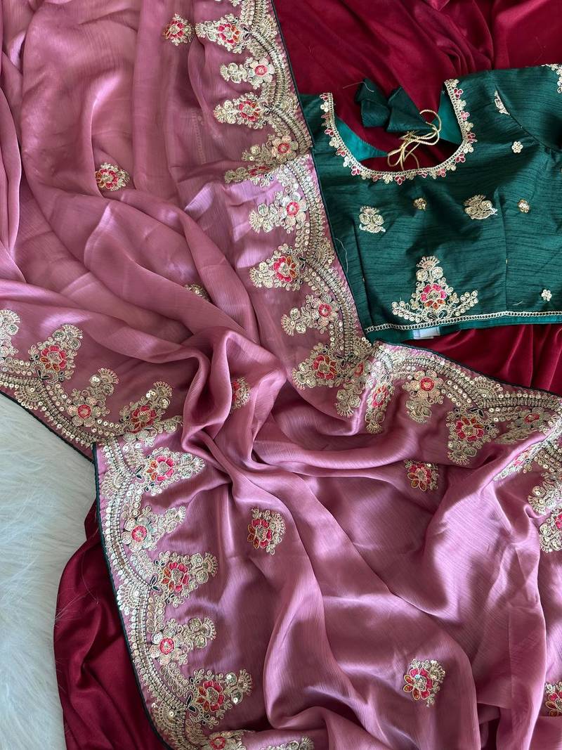 Onion Pink  Color  golden embroidery Codding dori work with sequins work Silk Saree