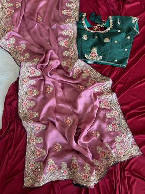 Onion Pink  Color  golden embroidery Codding dori work with sequins work Silk Saree 2