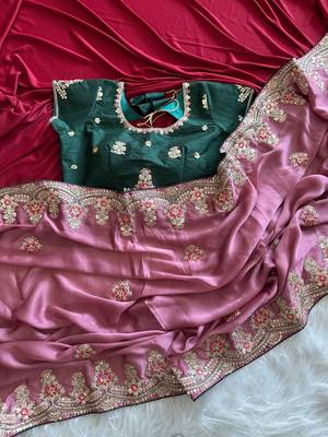 Onion Pink  Color  golden embroidery Codding dori work with sequins work Silk Saree 3