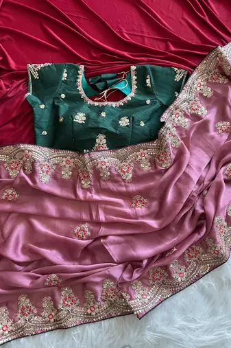 Onion Pink  Color  golden embroidery Codding dori work with sequins work Silk Saree