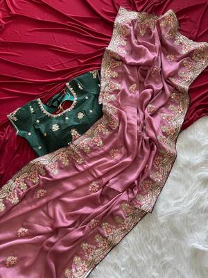 Onion Pink  Color  golden embroidery Codding dori work with sequins work Silk Saree 4
