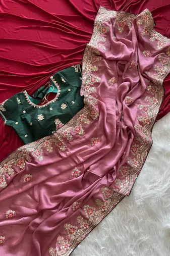 Onion Pink  Color  golden embroidery Codding dori work with sequins work Silk Saree