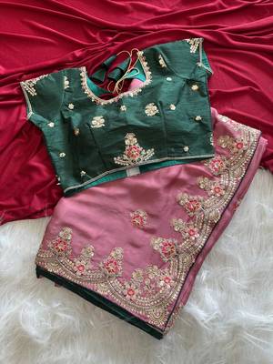 Onion Pink  Color  golden embroidery Codding dori work with sequins work Silk Saree 5