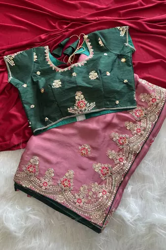 Onion Pink  Color  golden embroidery Codding dori work with sequins work Silk Saree