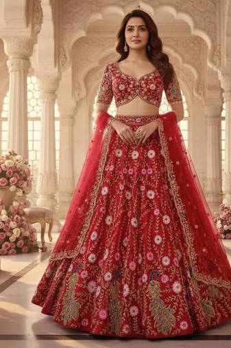 RED SOFT NER PARTY WEAR EMBROIDERY LEHNGHA CHOLI