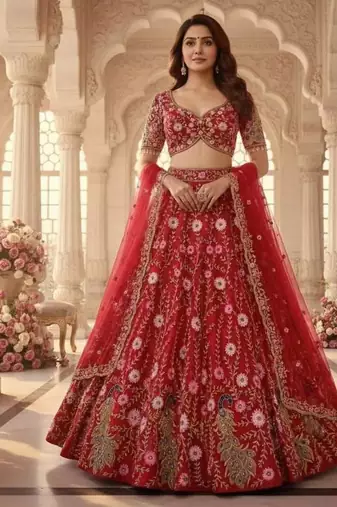 RED SOFT NER PARTY WEAR EMBROIDERY LEHNGHA CHOLI