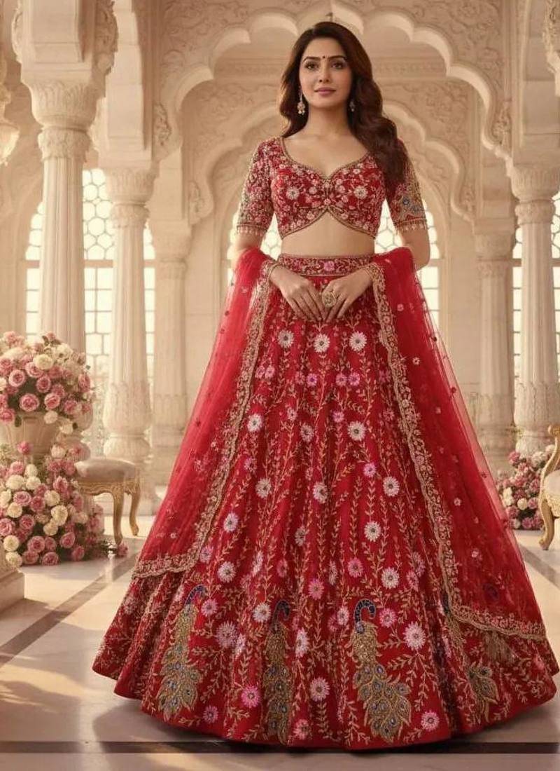 RED SOFT NER PARTY WEAR EMBROIDERY LEHNGHA CHOLI