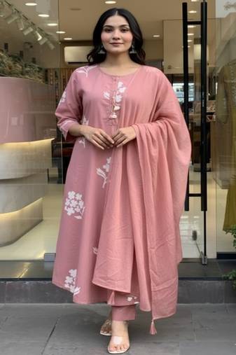 Dusty pink printed cotton kurta pant with dupatta