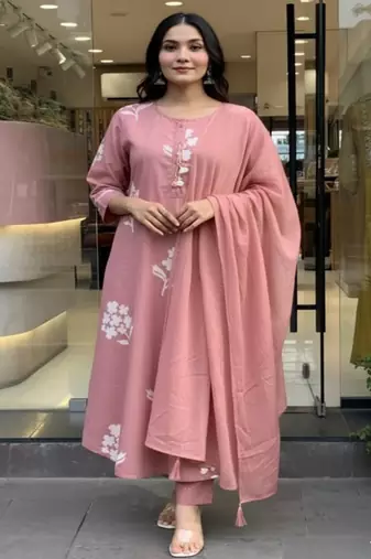 Dusty pink printed cotton kurta pant with dupatta