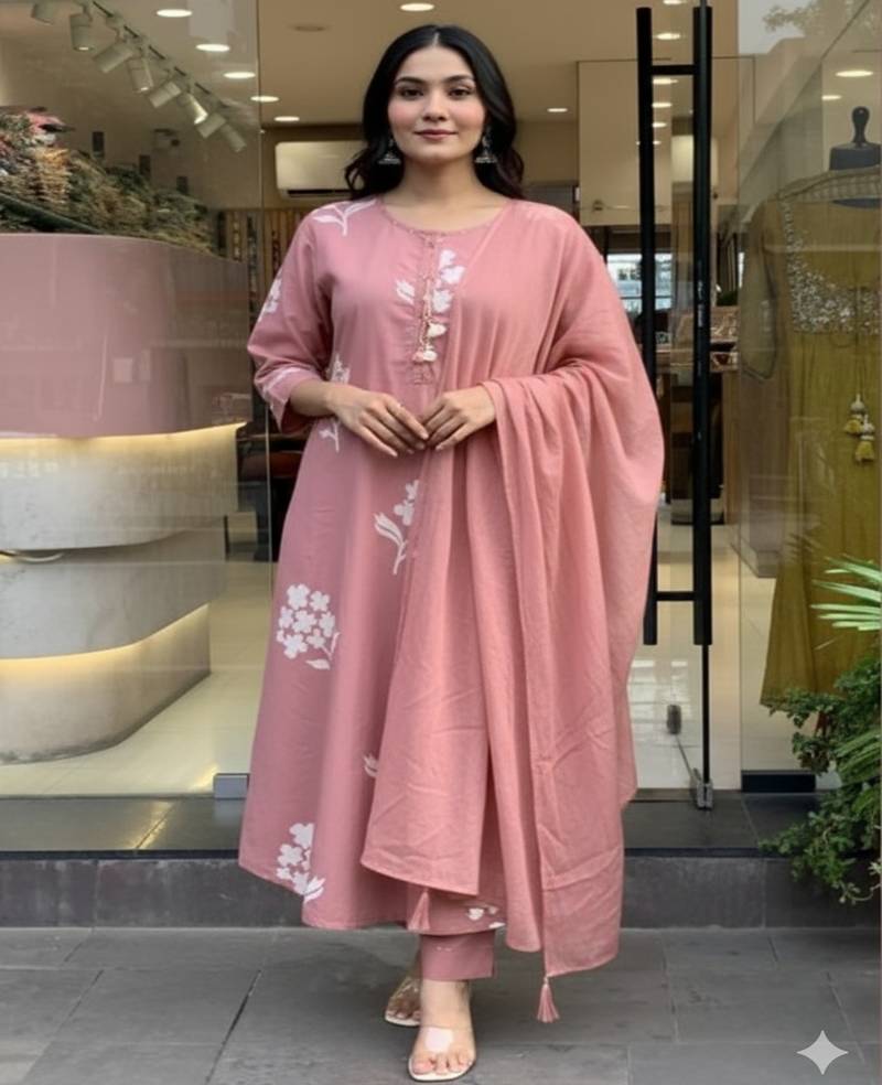 Dusty pink printed cotton kurta pant with dupatta