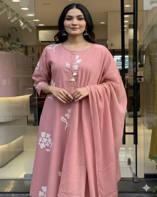 Dusty pink printed cotton kurta pant with dupatta 2