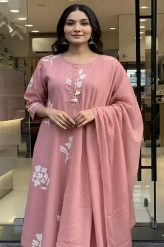 Dusty pink printed cotton kurta pant with dupatta