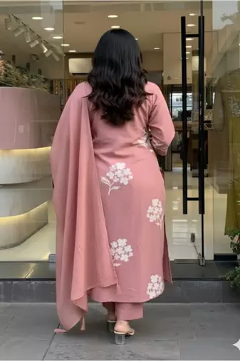 Dusty pink printed cotton kurta pant with dupatta