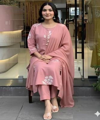 Dusty pink printed cotton kurta pant with dupatta 4