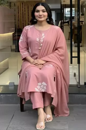 Dusty pink printed cotton kurta pant with dupatta