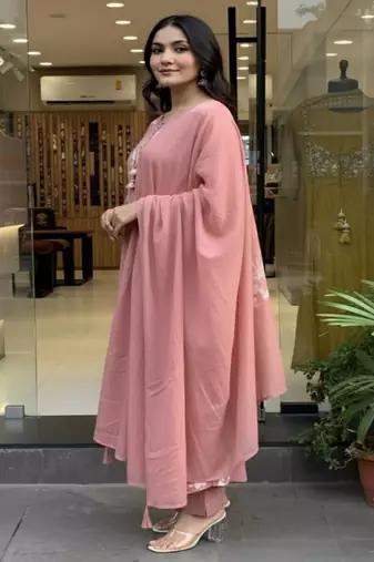 Dusty pink printed cotton kurta pant with dupatta