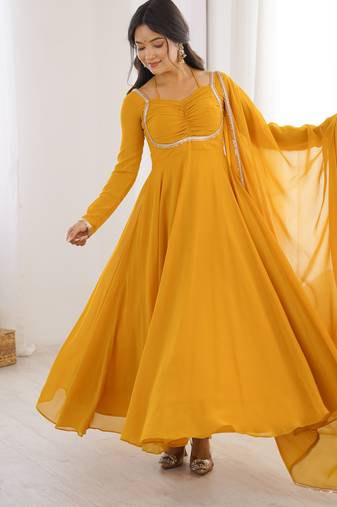 Tranding foux georgette dori work yellow readymade ethnic gown