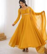 Tranding foux georgette dori work yellow readymade ethnic gown