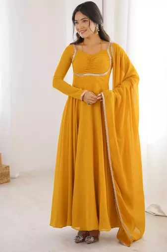  foux georgette dori work yellow readymade ethnic gown