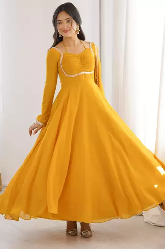  foux georgette dori work yellow readymade ethnic gown