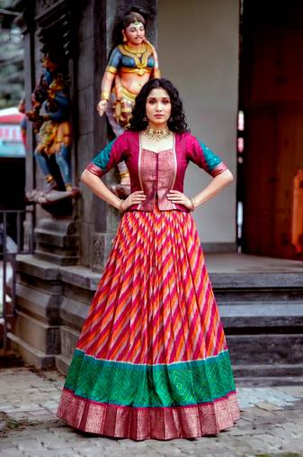 Women's Tasar Silk Leheriya Print Lehenga Choli Set