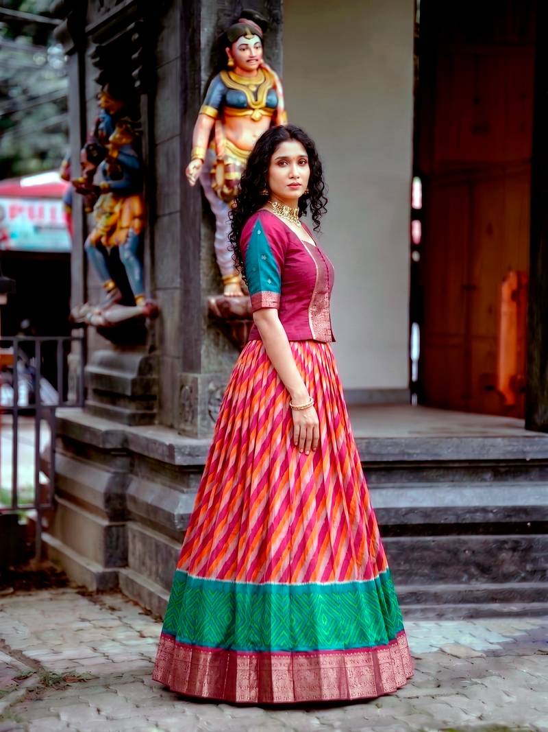 Women's Tasar Silk Leheriya Print Lehenga Choli Set