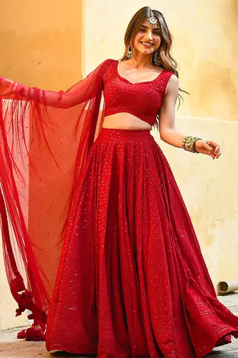 Red Georgette Embroidery Sequence work Lehenga Choli with Dupatta For Women
