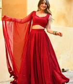Red Georgette Embroidery Sequence work Lehenga Choli with Dupatta For Women