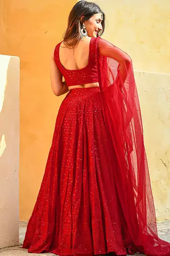 Red Georgette Embroidery Sequence work Lehenga Choli with Dupatta For Women