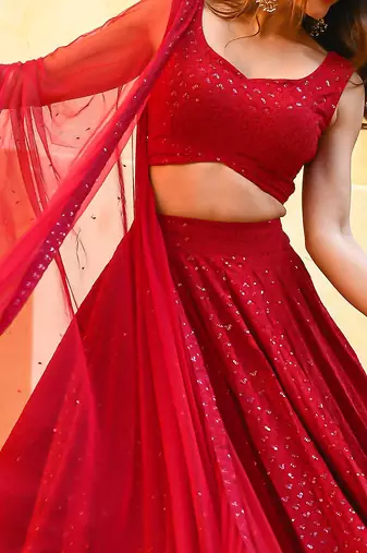 Red Georgette Embroidery Sequence work Lehenga Choli with Dupatta For Women