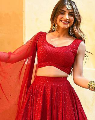 Red Georgette Embroidery Sequence work Lehenga Choli with Dupatta For Women 4