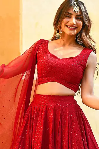 Red Georgette Embroidery Sequence work Lehenga Choli with Dupatta For Women