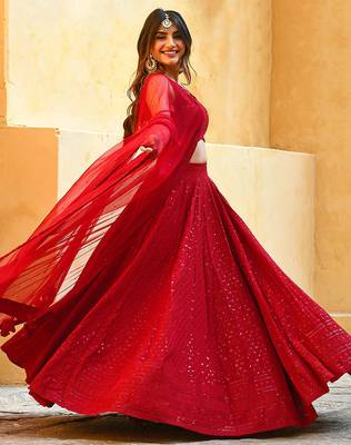Red Georgette Embroidery Sequence work Lehenga Choli with Dupatta For Women 5