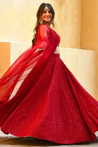 Red Georgette Embroidery Sequence work Lehenga Choli with Dupatta For Women