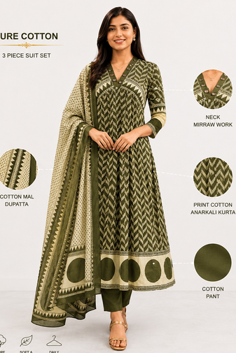 WOMEN COTTON PRINTED ANARKALI KURTA WITH PANT AND DUPATTA 