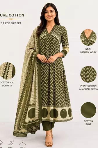 WOMEN COTTON PRINTED ANARKALI KURTA WITH PANT AND DUPATTA 