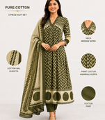 WOMEN COTTON PRINTED ANARKALI KURTA WITH PANT AND DUPATTA 