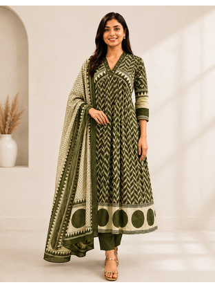 WOMEN COTTON PRINTED ANARKALI KURTA WITH PANT AND DUPATTA  1