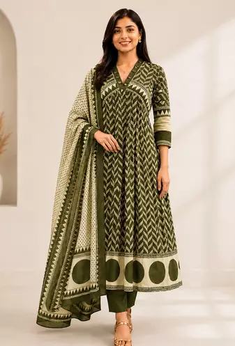 WOMEN COTTON PRINTED ANARKALI KURTA WITH PANT AND DUPATTA 