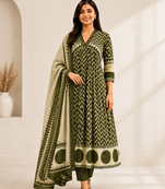 WOMEN COTTON PRINTED ANARKALI KURTA WITH PANT AND DUPATTA 