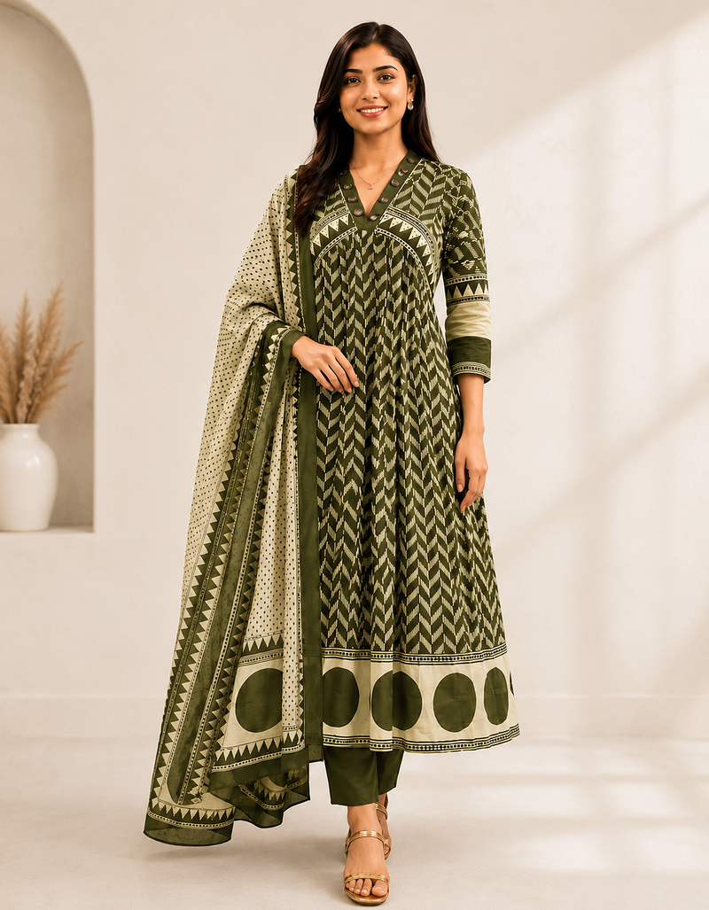 WOMEN COTTON PRINTED ANARKALI KURTA WITH PANT AND DUPATTA 