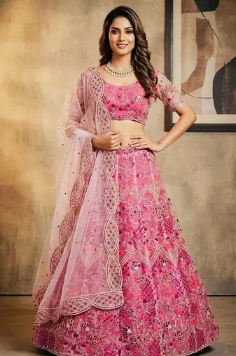 PINK BUTTERFLY NET PARTY WEAR EMBROIDERY LEHNGHA CHOLI 
