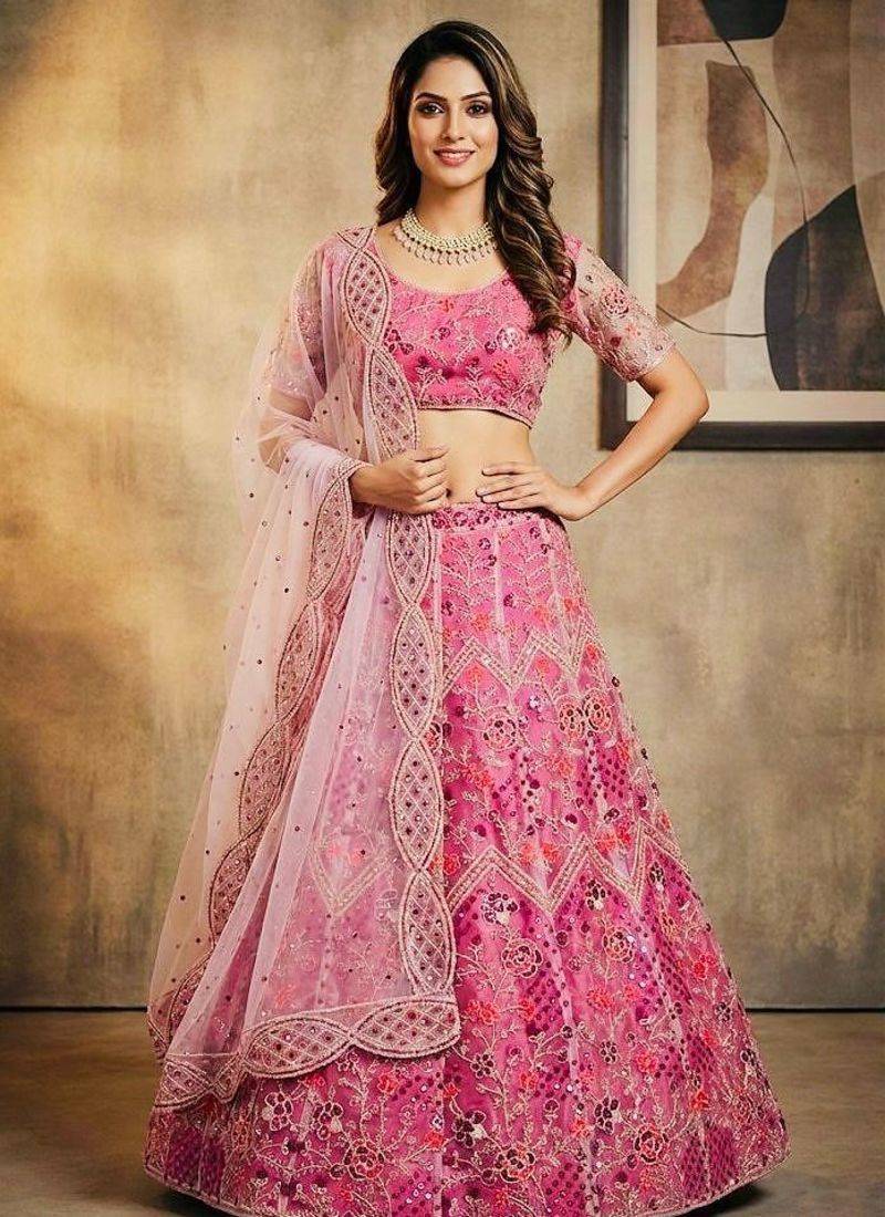 PINK BUTTERFLY NET PARTY WEAR EMBROIDERY LEHNGHA CHOLI 