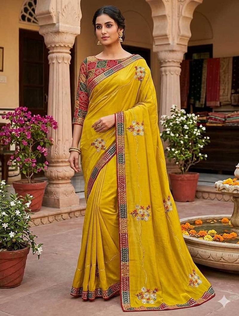 Yellow chiffon saree with blouse