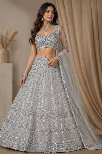 GREY FAUX GEORGETTE PARTY WEAR EMBROIDERY LEHNGHA CHOLI