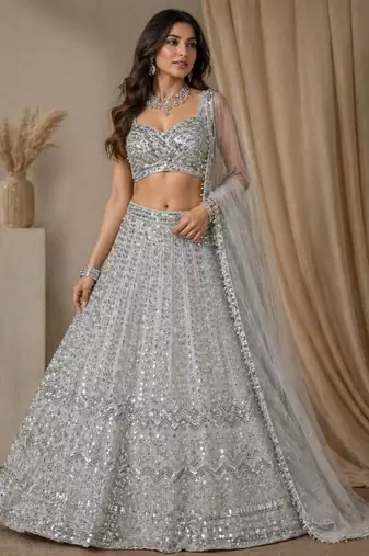GREY FAUX GEORGETTE PARTY WEAR EMBROIDERY LEHNGHA CHOLI