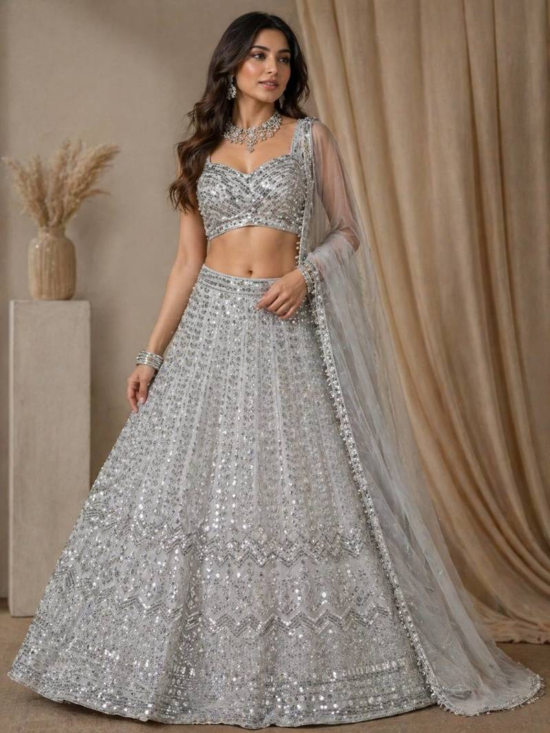 GREY FAUX GEORGETTE PARTY WEAR EMBROIDERY LEHNGHA CHOLI