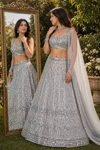 GREY FAUX GEORGETTE EMBROIDERY lehenga CHOLI