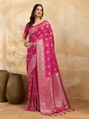 Pink Jacquard silk blend Rich Woven Zari Border Traditional Saree With Unstitched Blouse Piece 1