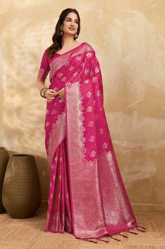 Pink Jacquard silk blend Rich Woven Zari Border Traditional Saree With Unstitched Blouse Piece